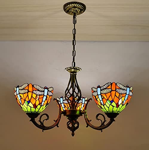 Image of Tiffany Style Chandeliers, Stained Glass Pendant Light, 3 Light, Antique Vintage Adjustable Ceiling Light for Living Room Bedroom Dining Room,Orange Dragonfly