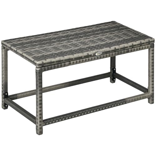 Image of Outsunny Outdoor Coffee Table, Garden PE Rattan Side Table with Plastic Board Under the Full Woven Table Top and Rectangular Frame for Patio, Balcony, Mixed Grey