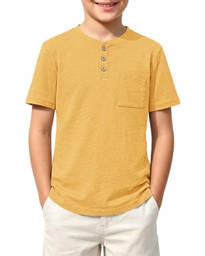 Image of Kids Value Weight Cotton Summer T-Shirt Crew Neck Solid Button Down Short Sleeve Pocket Casual Tees for Boys Tops for Daily 11-12 Year Golden Yellow