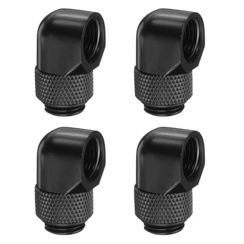 Image of sourcing map 4pcs 90 Degree Elbow Water Cooling Adapter G1/4" Thread Male to Female Compression Connector Fitting Copper Extender Fitting for Computer PC Water Cooling System, Black