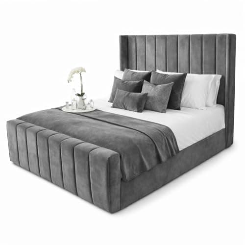 Image of JASSAT Bed with Slats, Upholstered Plush Velvet Bed Frame with Headboard & Footboard, Sturdy Wooden Slatted Base, Double, King & Super King (Grey Plush, 4FT6 DOUBLE)