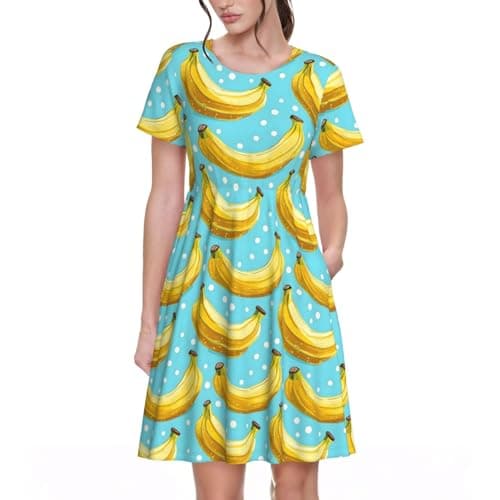 Image of Buewutiry Womens Summer Dresses, Cute Banana Print Casual Short Sleeve Tshirt Dress Beach Sundresses with Pockets, Black, S