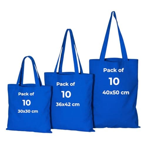Image of IMFAA Pack of 10 Premium-Quality Long Lasting 100% Cotton Canvas Tote Reusable Shopping Bags Ideal for Printing and Embroidery (Blue,Small 30x30x30)