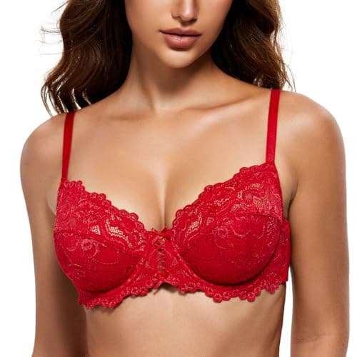 Image of WingsLove Women's Floral Lace Bra Underwire Non Padded Soft Cup Full Coverage (Lava Red,36B)
