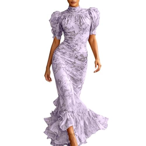Image of Foweknow Women's Dresses Sexy Floral Summer Dress High Waist Long Beach Dress Puff Sleeves Boho Dress Maxi Dress Elegant Flower Dress Large Sizes Short Sleeve Casual Dresses Fashion Casual Party