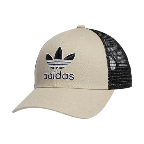 Image of adidas Originals Men's Icon Trucker Structured Precurve Snapback Cap, Sand Beige/Black/White, One Size