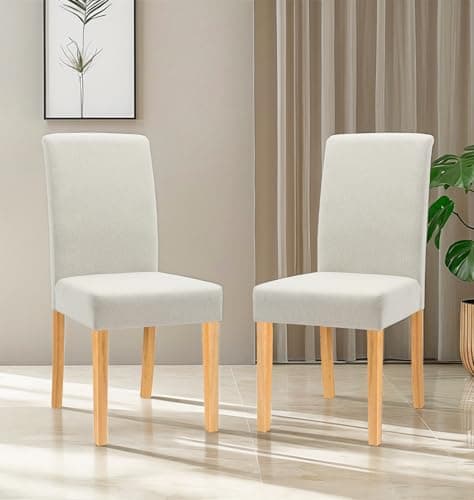 Image of Hallowood Furniture Premium Linen Beige Fabric Dining Chairs Set of 2 with Solid Wooden Legs, Modern Straight Back Kitchen Chairs for Dining Room, Home, Restaurant and Café