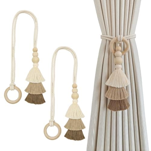 Image of 2pcs Tasseled Curtain Tie Backs,Adjustable Boho Curtains Tie Back Rope,Cream Tie Backs for Curtains,Elegant Modern Curtain Holdbacks,Minimalism Curtain Holder