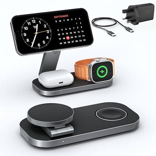 Image of 3 in 1 Wireless Charging Station - Foldable Wireless For iPhone, Apple Watch And AirPods | Travel-Ready iPhone Magsafe Charger Stand | Compact Fast Charge Stand | Adapter Included (Black)