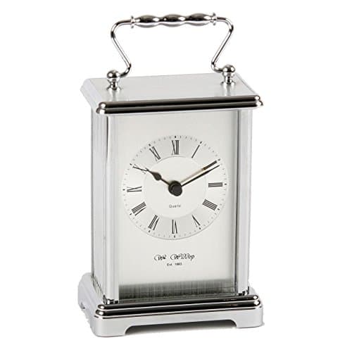 Image of Watching Clocks Wm Widdop Rectangular 2 Tone Silver Carriage Clock, with roman numerals