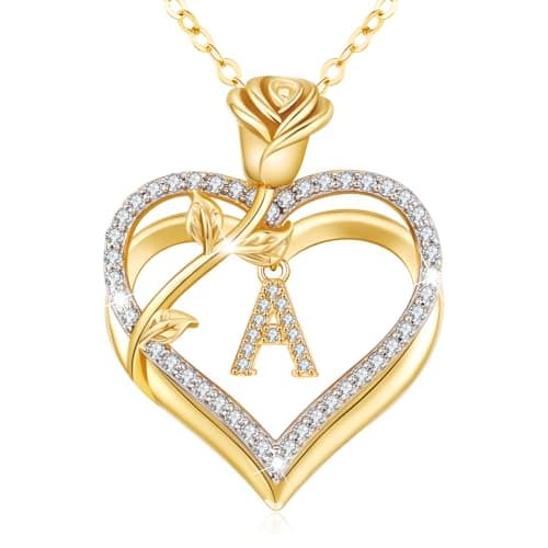 Image of llyish Gold Necklaces for Women Heart Necklace with Rose Pendant Real 925 Sterling Silver/Brass Fine Jewellery Birthday Gifts for Women Her Girlfriend Wife Valentines Anniversary Mothers Day