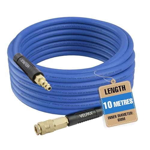 Image of Hybrid Air Hose, 6mm I.D. x 12mm O.D. by 10m, 300 PSI Working Pressure, PVC & Brass Hybrid Construction with Bend Restrictors on Both Ends and 1/4" BSP Brass Fittings (Blue)
