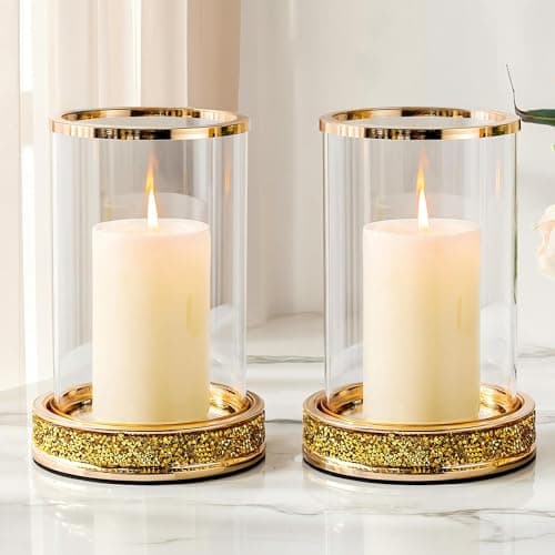 Image of Pillar Candle Holder with Tempered Glass Panels, Hurricane Candle Stand for centerpiece, crystal decoration for table, wedding, fireplace, party (Gold, Medium-2pcs)