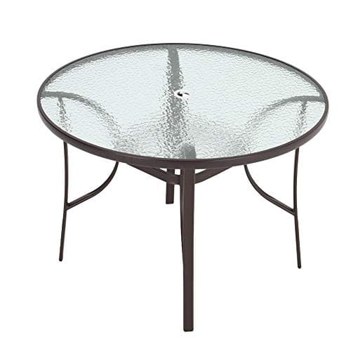 Image of DKIEI φ105cm Round Outdoor Dining Table with Parasol Hole, Glass Top Garden Table with Steel Frame for Patio, Coffee, Bistro, Balcony Backyard and Poolside, Brown