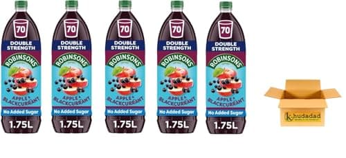 Image of Robinson's Double Strength No Added Sugar Squash 1.75L Squash Pack Of 5 Apple & Blackcurrant, Orange & Pineapple, Summer Fruits, Orange, Lemon (1.75L, Apple & BlackCurrant)