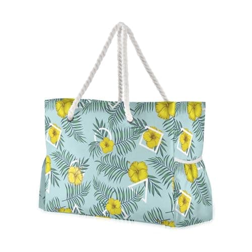 Image of ALAZA Large Beach Bag, Tropical Plant Flower Tote Bag Travel Gym Bag with Waterproof Pocket Compartment