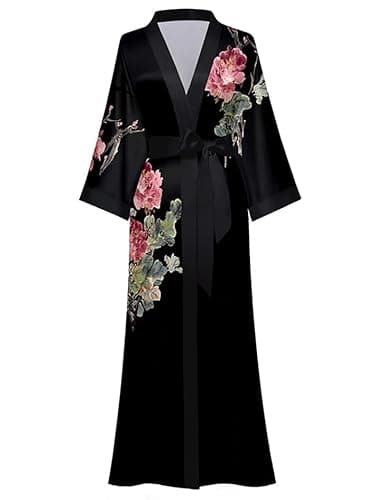 Image of EORUBE Long Kimono Robe Women Cover Up Print Floral Satin Sleepwear Silky Bathrobe Bachelorette Robe (Black - Peony)