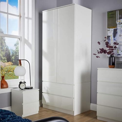 Image of Home Source 2 Door Wardrobe, High Gloss Front Spacious Closet Organiser, Bedroom Dresser Storage Cabinet, 2 Drawer, White