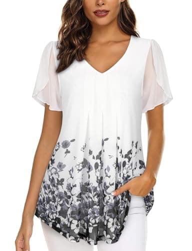 Image of ACDAY Summer Tops for Women UK Short Sleeve Tunic Blouse for Women Chiffon Blouses Floaty Shirt Womens Chic Shirt for Girls Elegant Floral Tops Flowy Pleated Front Party Tunics Black Coffee
