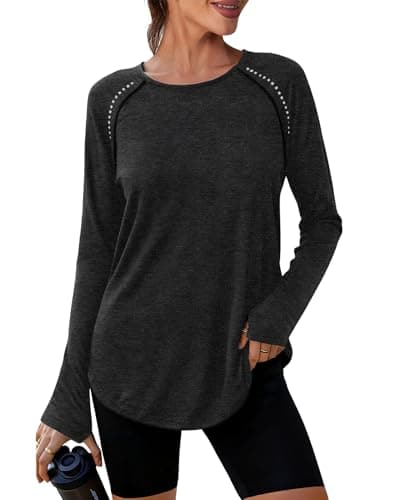 Image of Crewhpo Women's Gym Tops Long Sleeve Sports T-Shirt Workout Yoga Top UPF 50+ Running Tee Shirts Crew Neck Lightweight Activewear with Thumb Holes Black