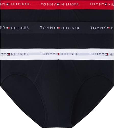 Image of Tommy Hilfiger Men’s 3 Pack Hipster Briefs with Logo Waistband, Multicolor (Des Sky/Primary Red/White), L