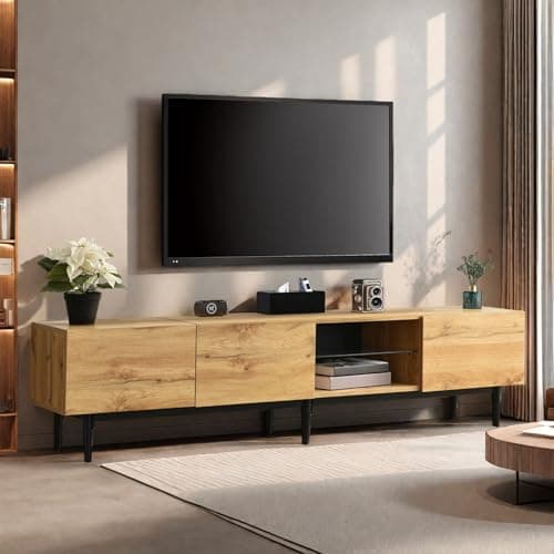 Image of OLIVIBED TV Unit with 3 Doors and Shelves, TV Stand Cabinet for TV Up to 85 Inch, Wooden TV Console with Storage, Entertainment Centre for Living Room, Bedroom, Natural color