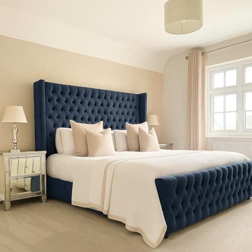 Image of Bespoke Chesterfield Chelsea Wing Bed Frame - UK made - Single/Double/King/Super King Size Plush Velvet Fabric Upholstered (Navy Blue Plush, King size 5ft)