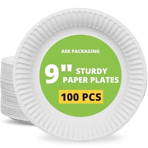 Image of 100 Pack Strong Paper Plates 9 inch | Biodegradable Disposable Plates for Parties | Heavy Duty Eco Friendly Compostable White Paper Plate | Microwave Safe & Leak Resistant for BBQs Picnic Christmas