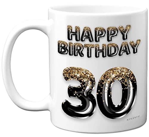 Image of Stuff4 30th Birthday Gift for Men - Black Gold Glitter Balloons - Happy Birthday Mug Present for 30 Year Old Son Brother Colleague Cousin Friend, 11oz Ceramic Dishwasher Safe Coffee Mugs Cup