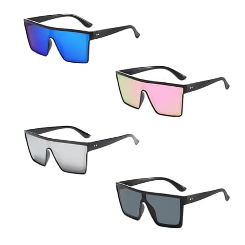 Image of EujRcf 4 Pcs Unisex Adults Square Sunglasses, Flat Top Oversized Sunglasses, Black, Silver, Blue, Color, Smoke Lens, Full Frame, Contemporary Style, Square Sunglass for Outdoor Activities Party