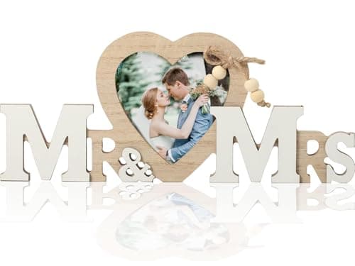 Image of SWTYExt Mr & Mrs Wedding Decorations with Heart Photo Frame, Wedding Stuff for Bride and Groom, Wooden Sign for Engagement Party, Anniversary, Reception, Photography Accessories