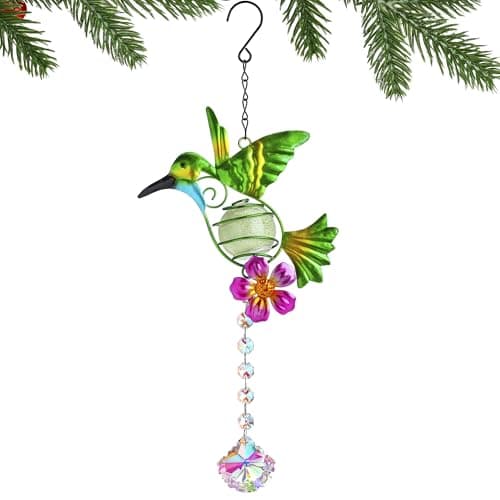 Image of Stained Metal Hummingbird Suncatcher, Window Crystal Prisms Sun Catcher Hanging Ornament Rainbow Maker Bird Garden Wall Art Fence Decorations