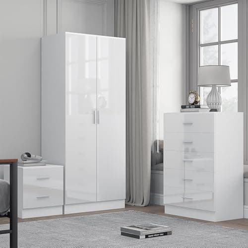 Image of Reflect 2 Door Plain Wardrobe, 5 Drawer Tallboy Chest, 2 Drawer Bedside Table | White Gloss & Matt White Finish | Modern Bedroom Furniture Set