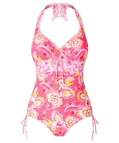 Image of Joe Browns Women's Recycled Content Bright Paisley Floral Wrap Front Halter Swimsuit One Piece, Pink Multi, 10