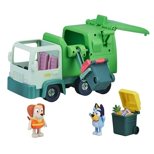 Image of Bluey Garbage Truck Vehicle Playset With Two 2.5"-3" Official Collectable Character Action Figures With The Bin Man And 2 Rubbish Bin Accessories