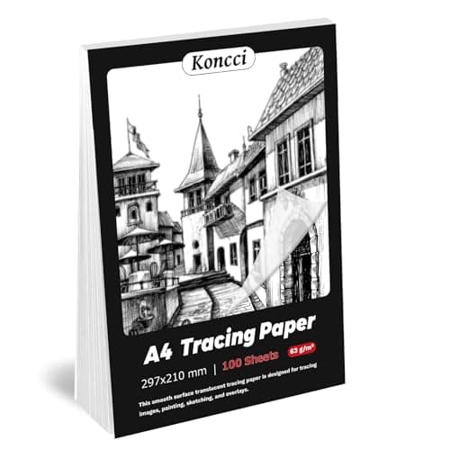 Image of Koncci 100 Sheets A4 Tracing Paper (63gsm), Transparent Drawing Paper A4 with High Transparency &Thickness for Drawing Overlays, Sketching, Sewing Patterns, Dressmaking