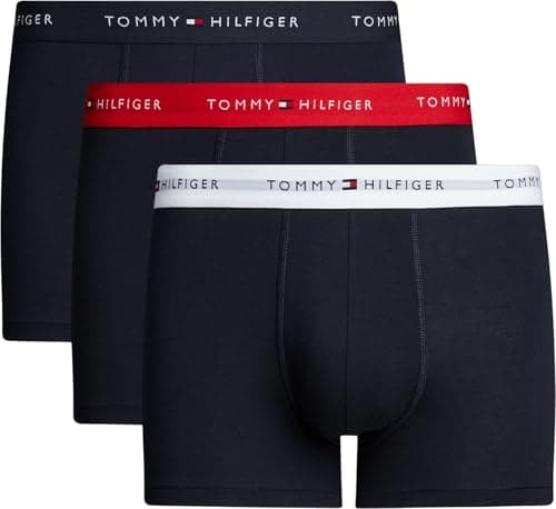 Image of Tommy Hilfiger Men’s 3 Pack Trunks with Logo Waistband, Multicolor (Primary Red/White/Desert Sky), M