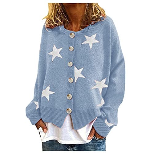 Image of Crochet Cardigans for Women Floral Print Long Sleeve Crew Neck Sweaters Button Down Ribbed Cuffs Knit Cropped Cardigan Sweater Fall Winter Cropped Cardigan Boho Tops (Blue, S)