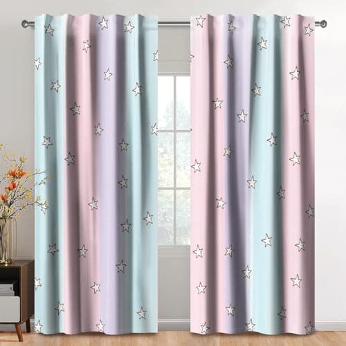 Image of Kzzfqxb 117x138cm Rainbow Stars Curtains 2 Panels, Blue Pink Purple Joint Color Elegant Dreamy Drapes for Girls Bedroom Living Room, Vertical Decor