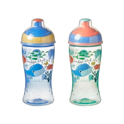 Image of Nuby Super Slurp Water Bottle - No Spill Active Toddler Sippy Cup | 360ml / 12oz |Easy Grip | Dishwasher Safe | Suitable Beaker for 18 Months Plus (Under the Sea, Pack of 2)