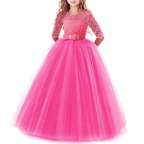 Image of Flower Girls Lace 3/4 Sleeve Dress Wedding Bridesmaid First Communion Evening Party Floor Length Dress Kids Princess Pageant Birthday Prom Carnival Christmas Ball Gown Hot Pink 13-14 Years