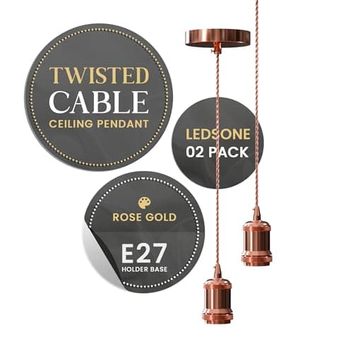 Image of LEDSone Rose Gold Pendant Light Kit 2 Pack E27 Vintage Industrial Hanging Ceiling Light with 95cm Adjustable Braided Cable for Kitchen Island, Dining Room & Bedroom