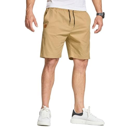 Image of JustSun Mens Shorts Casual Summer Shorts Men with Pockets Mens Cotton Chino Sports Shorts with Elastic Waist Khaki M