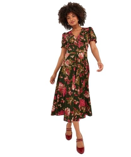 Image of Joe Browns Women's Fashion Vintage Floral V-Neck Puff Sleeve Midi Dress, Regular Fit, Green, UK 12