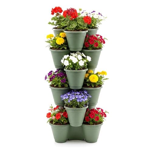 Image of GEEZY Set of 6 Stackable Strawberry Planters - Green Vertical Garden Tower, Compact Tiered Planter for Herbs & Flowers - Indoor & Outdoor Space Saving Trio Pot for Patio, Balcony or Windowsill