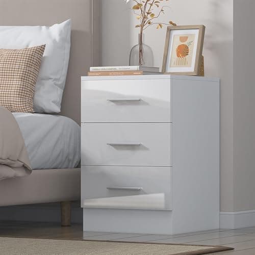 Image of Reflect 3 Drawer Bedside Table | White Gloss & Matt White | Modern Nightstand for Bedroom Storage | H: 59.5cm x W: 39.5cm x D: 38cm