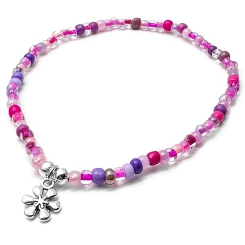 Image of Daisy Flower Charm Beaded Anklet Pink and Purple Glass Seed Bead Mix with Silver Tone Charm : Size M/L 10 inches, Beach Boho Surfer Floral Jewellery for Women