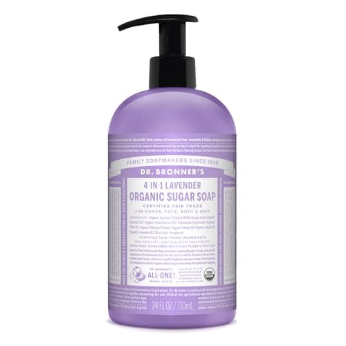 Image of Dr Bronner’s 4-in-1 Organic Lavender Sugar Soap, Made with Organic Oils, Sugar and Shikakai Powder, For Hands, Body, Face & Hair, Fair Trade Certified & Vegan Friendly, 710ml Recycled Pump Bottle
