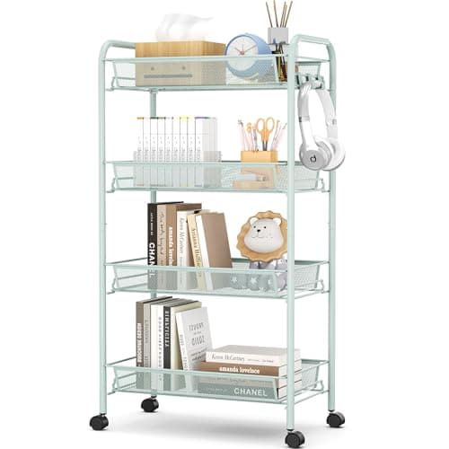 Image of APEXCHASER 4-Tier Rolling Cart,Easy Assemble Mobile Storage Trolley On Wheels,Slide Out Utility Cart Shelving Units Kitchen Bathroom Laundry Room,Green