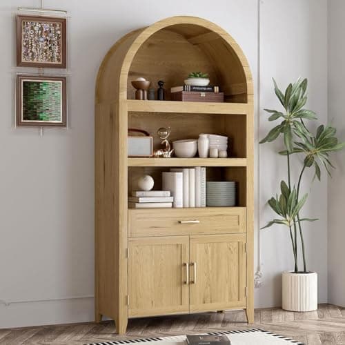 Image of LNRLZYLS 65 Inch Tall Arched Bookcase Display Cabinet with Open Shelves, Drawer and Double Doors, Wooden Pantry Storage Cabinet for Living Room, Office and Kitchen, Natural Oak